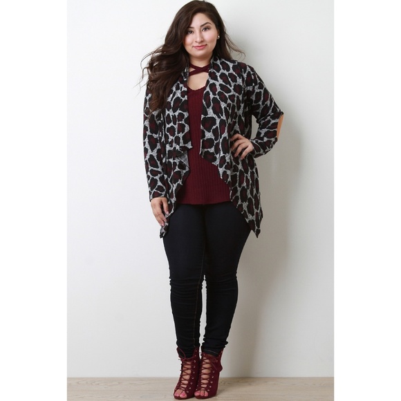 2x 3x Leopard Contrast Elbow Patch Open Cardigan - Picture 4 of 7